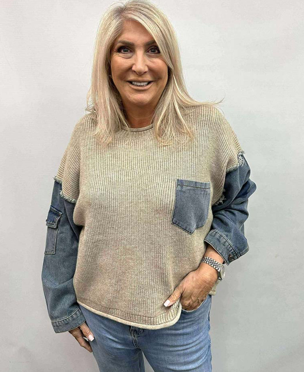 Malissa J Denim Sleeve round Neck pocket Jumper
