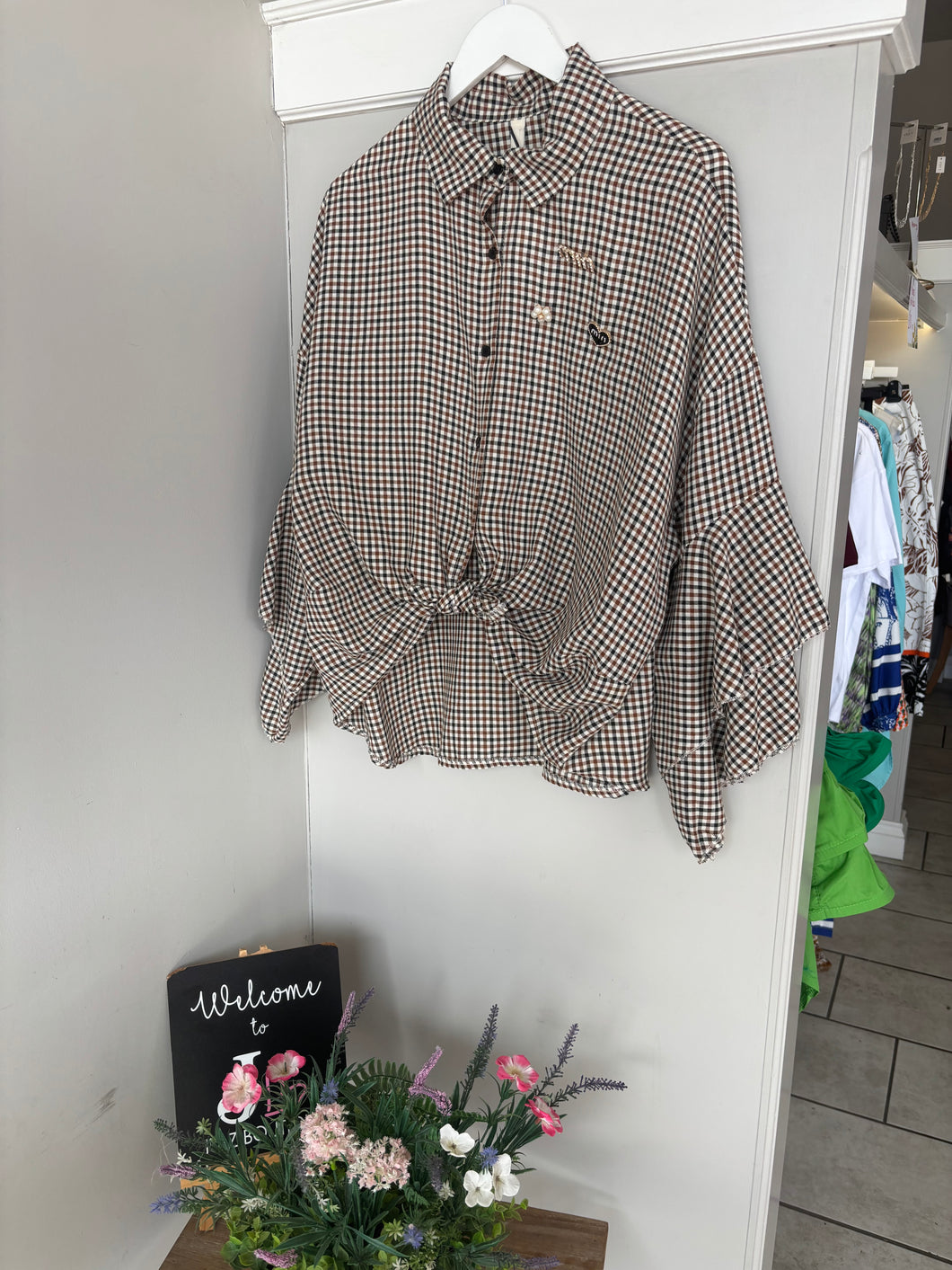 Checkered Tie Front Blouse