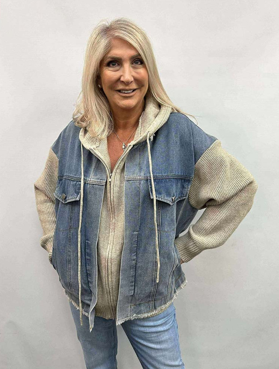 Malissa J Denim Knit Hooded Shacket